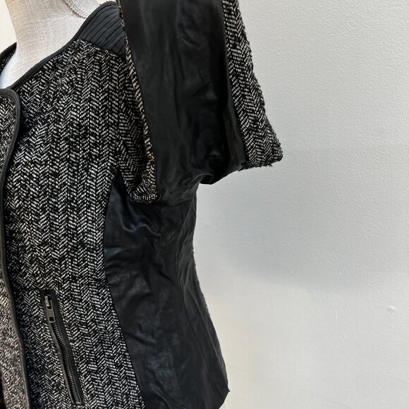 Forever 21 Black and White Wool-Blend  Herringbone Moto Jacket with Faux Leather - Picture 7 of 16